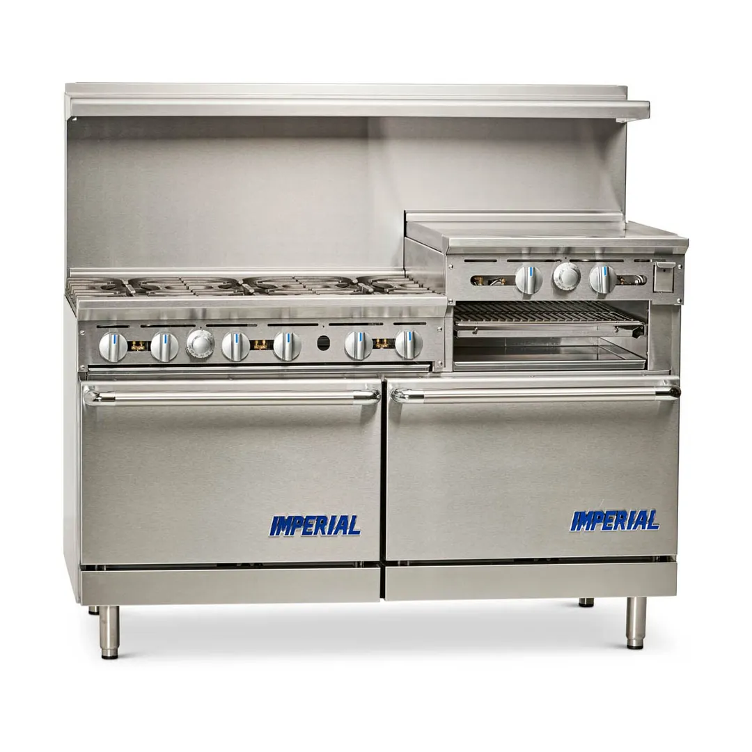 Imperial IR-6-RG24-CC 60" Gas Restaurant Range w/ (6) Open Burners, 24" Raised Griddle/Broiler, (2) Convection Ovens, 292.000 BTU