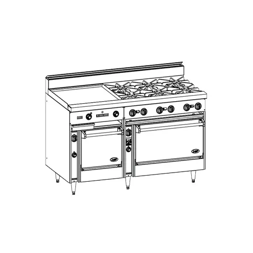 Jade JBR-24G-6-36 60" Gas Restaurant Range w/ (6) Open Burners, 24" Griddle, (1) Standard Oven, (1) Cabinet Base, 258.000 BTU