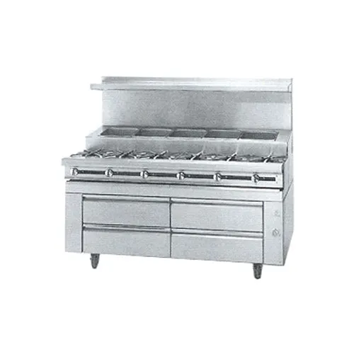 Jade JMSS-06-T-72 72" Gas Heavy Duty Range w/ Titan Fire and Ice Saute Station, (6) Open Burners, Refrigerated Rails w/ 10 Pans, 160.000 BTU