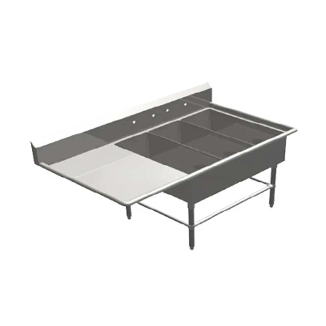 John Boos 3PB1431-1D18L 64" Three Compartment Sink, 14"W x 31"L Bowl With Left-Hand Drainboard