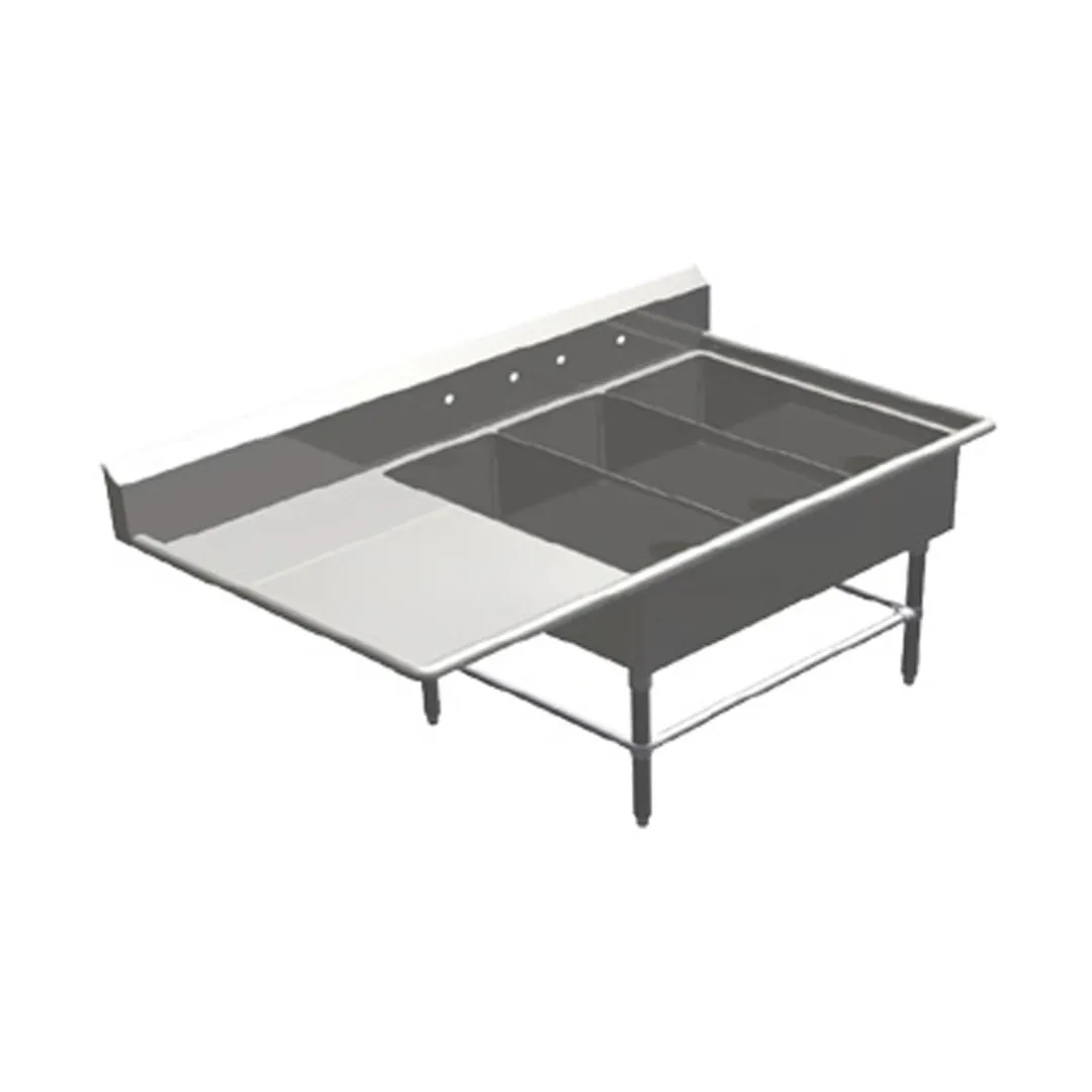 John Boos 3PB1431-1D30L 76" Three Compartment Sink, 14"W x 31"L Bowl With Left-Hand Drainboard