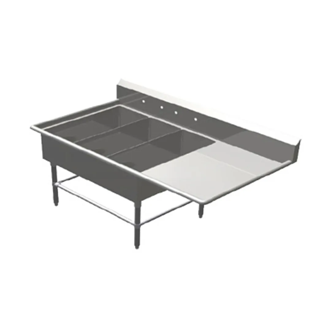 John Boos 3PB14314-1D18R 64" Three Compartment Sink, 14"W x 31"L Bowl With Right-Hand Drainboard