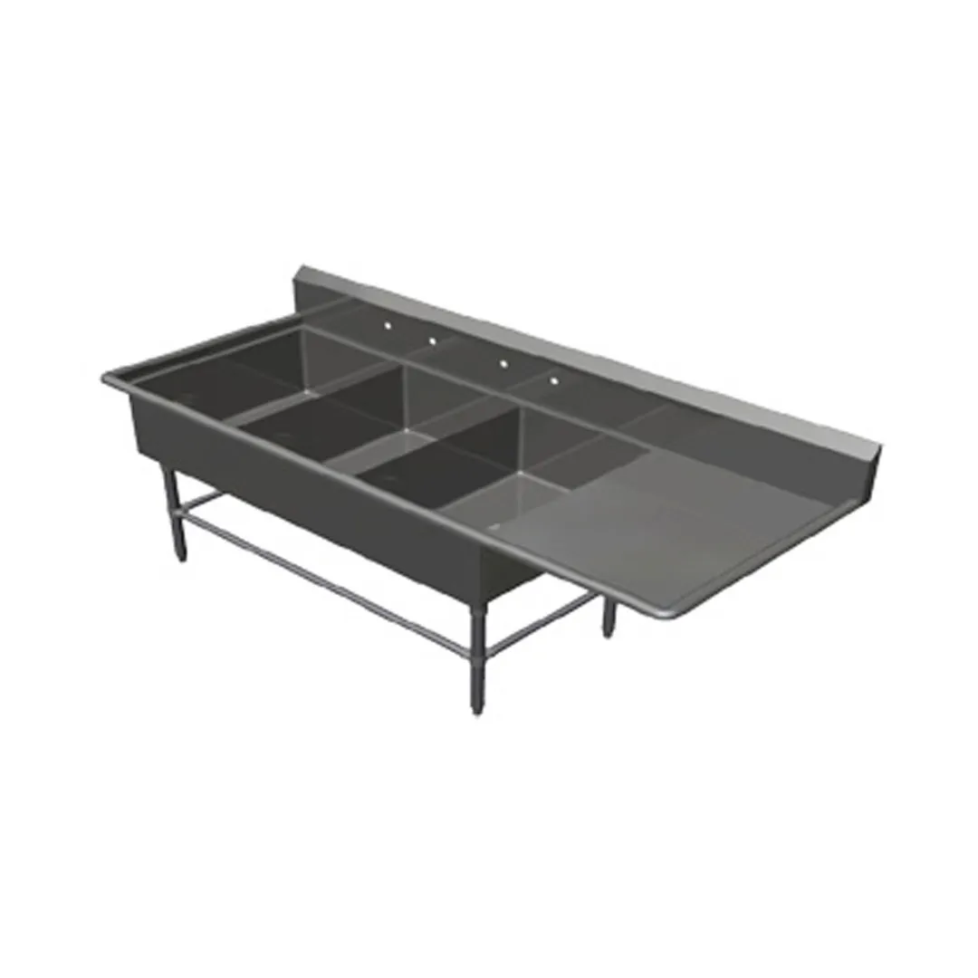 John Boos 3PB2028-1D20R 84" Three Compartment Sink, 20"W x 28"L Bowl With Right-Hand Drainboard