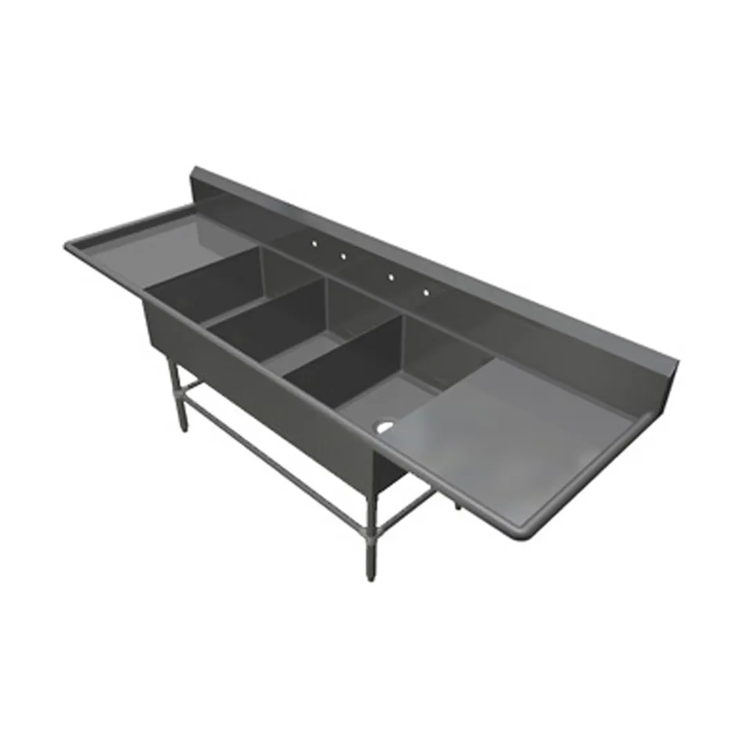 John Boos 3PB20284-2D30 123" Three Compartment Sink, 20"W x 28"L Bowl With 2 Drainboards