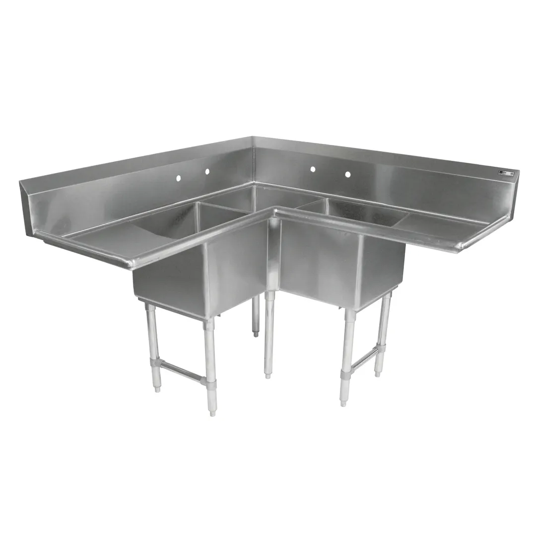 John Boos 3PBCS184-2D30 70" 3 Compartment Corner Sink, 18"W x 18"L Bowl - Stainless Steel