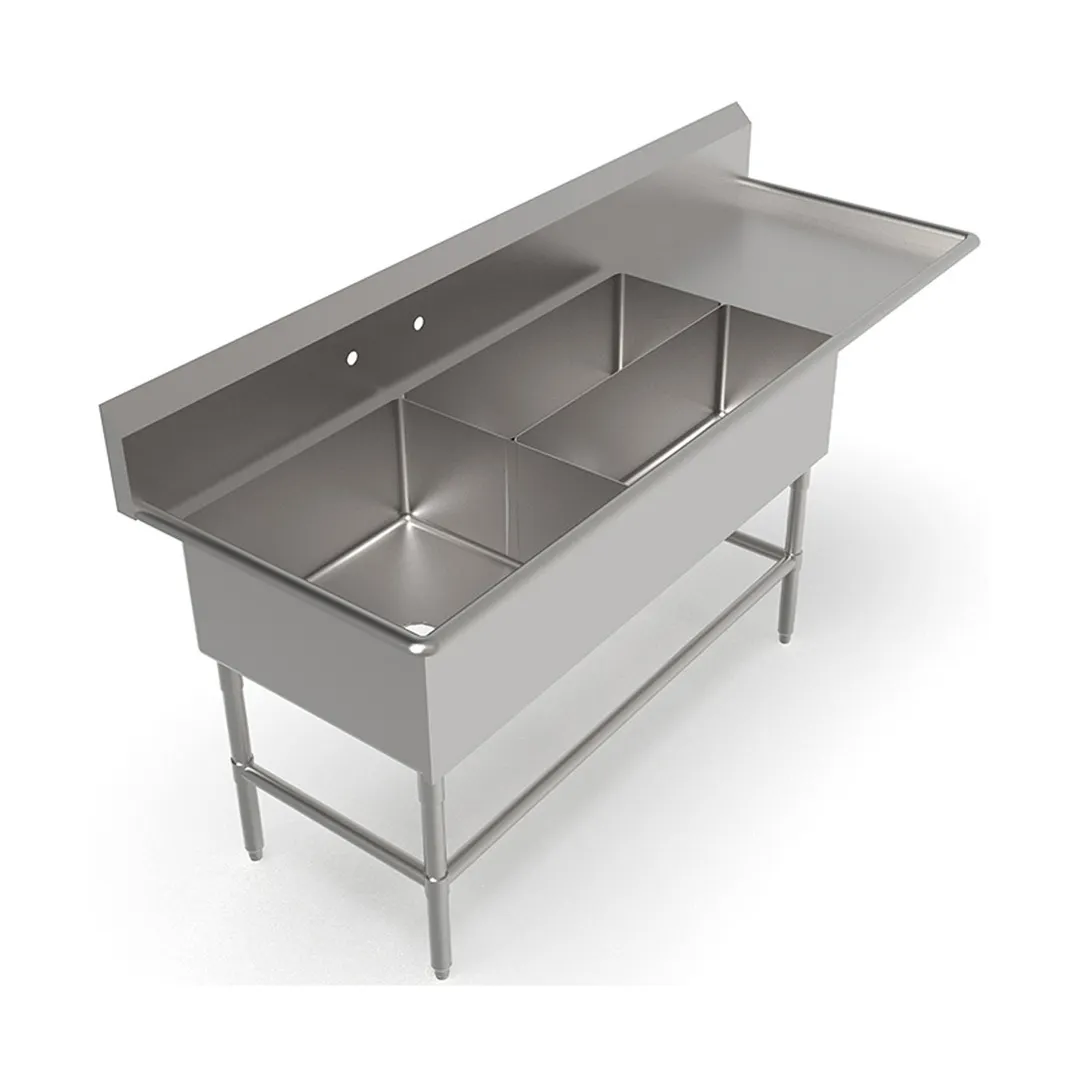 John Boos 3PBPS32244-1D24R 84" Three Compartment Sink, 24"W x 24"L Bowl With Right-Hand Drainboard