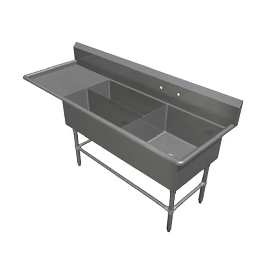 John Boos 3PBPS32244-1D30L 90" Three Compartment Sink, 24"W x 24"L Bowl With Left-Hand Drainboard