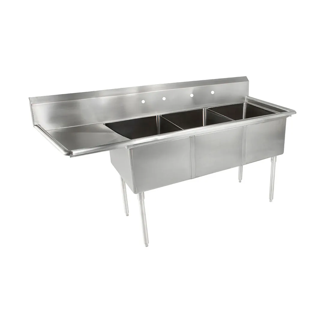 John Boos E3S8-15-14L15 62" Three Compartment Sink, 15"W x 15"L Bowl With Left-Hand Drainboard