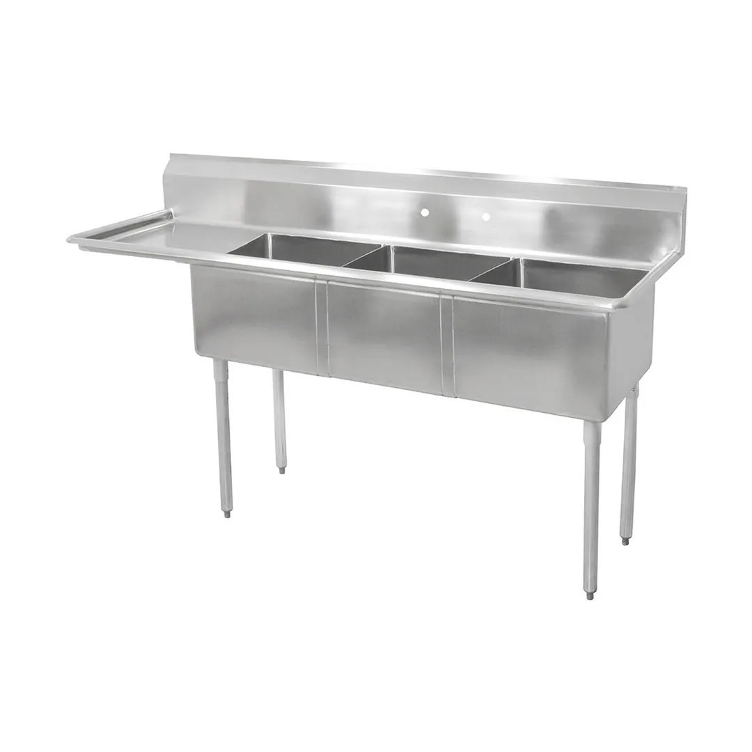 John Boos E3S8-18-12L18 74" Three Compartment Sink, 18"W x 18"L Bowl With Left-Hand Drainboard
