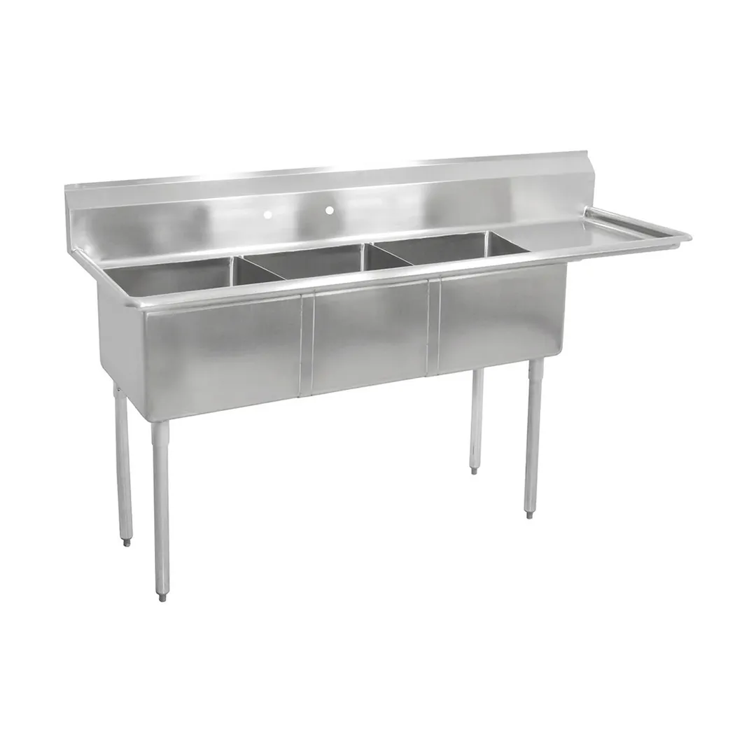 John Boos E3S8-18-12R18-X 74" Three Compartment Sink, 18"W x 18"L Bowl With Right-Hand Drainboard