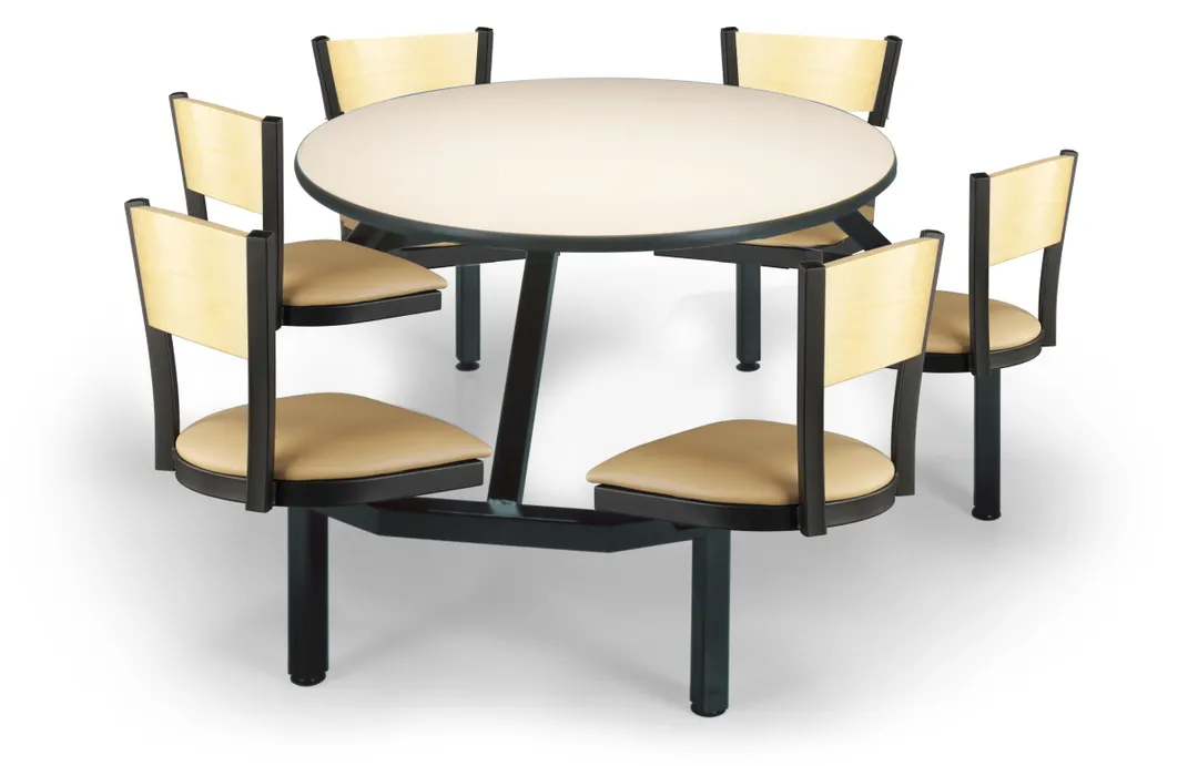 JustChair CLUS-RD48-6S-WB Cluster Table Unit, Round, 48 Dia, Island Style, 6 Padded Swivel Seats, Black Wood, Welded Steel Frame