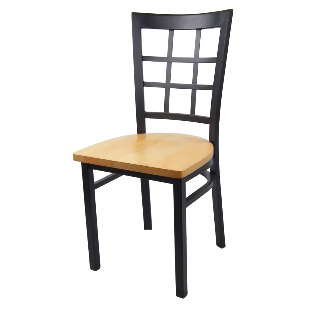 JustChair M27118-BLK-SS Solid Wood Seat Restaurant Side Chair, Black Steel Frame, Grid Back