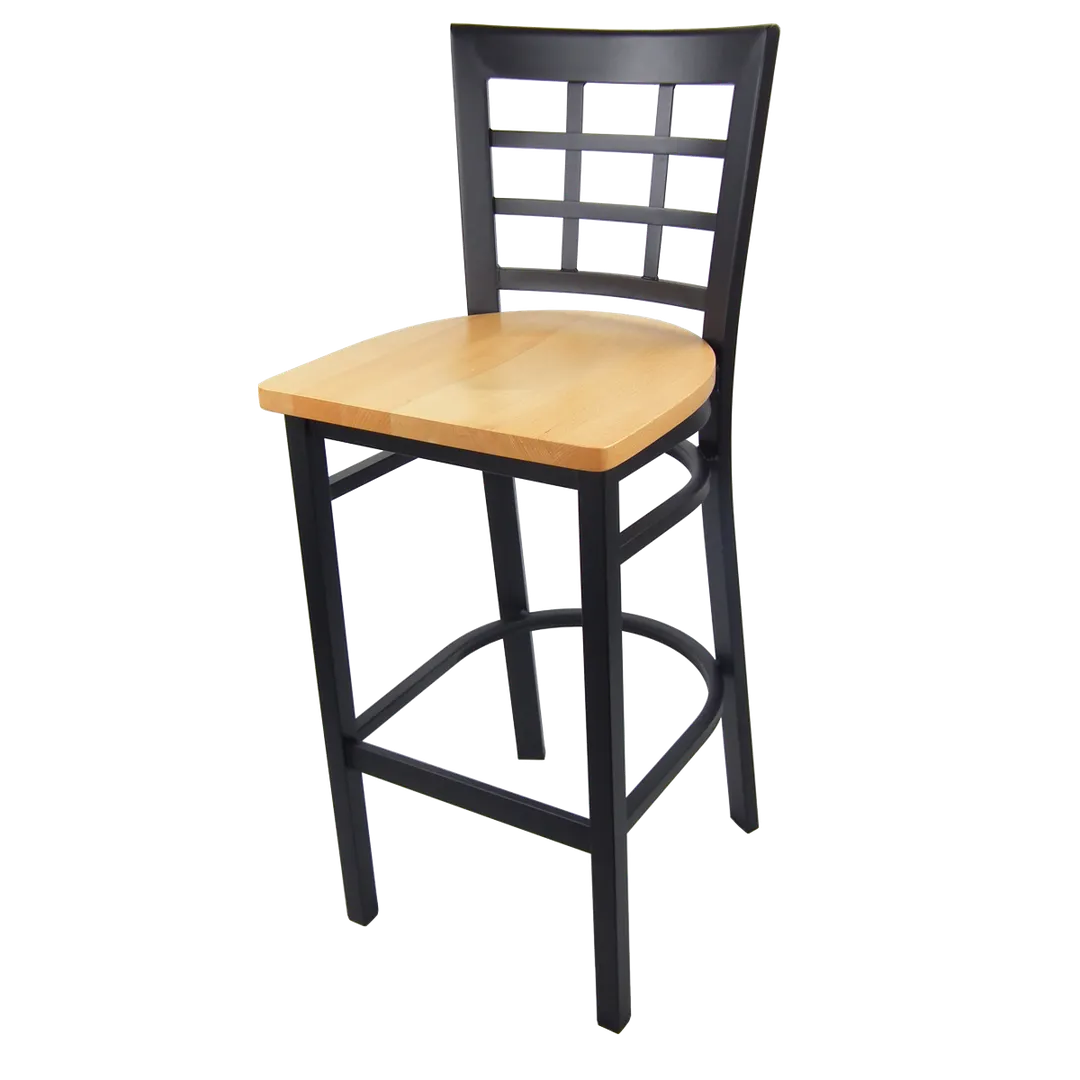 JustChair M27130-BLK-SS Bar Stool – Solid Wood Seat, Black 18G Steel Frame, Grid Back, Armless Rest, Black Glides