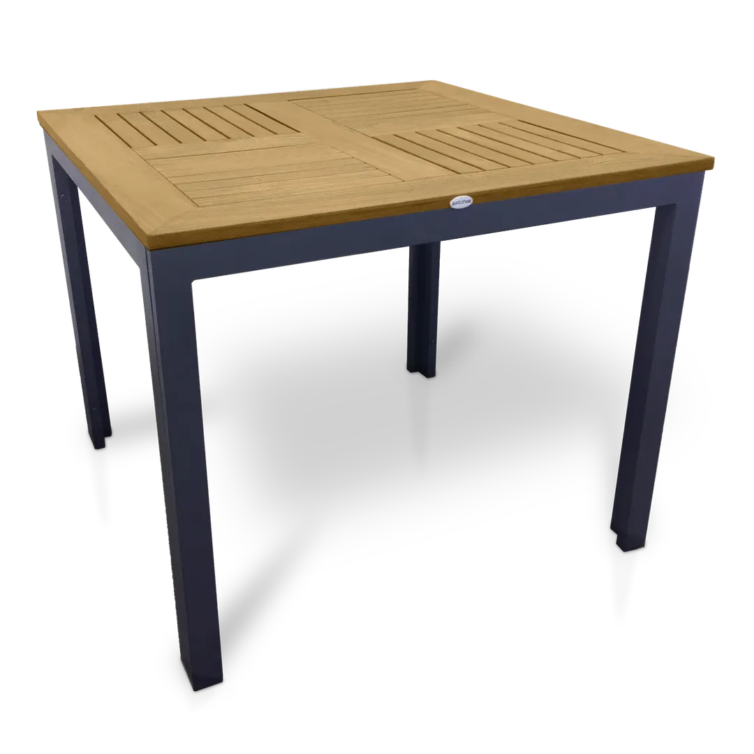 JustChair PW806TT-3030 30x30 Square Outdoor Dining Table, Teak Oil Perma-Wood Top, Dark Gray Aluminum Base