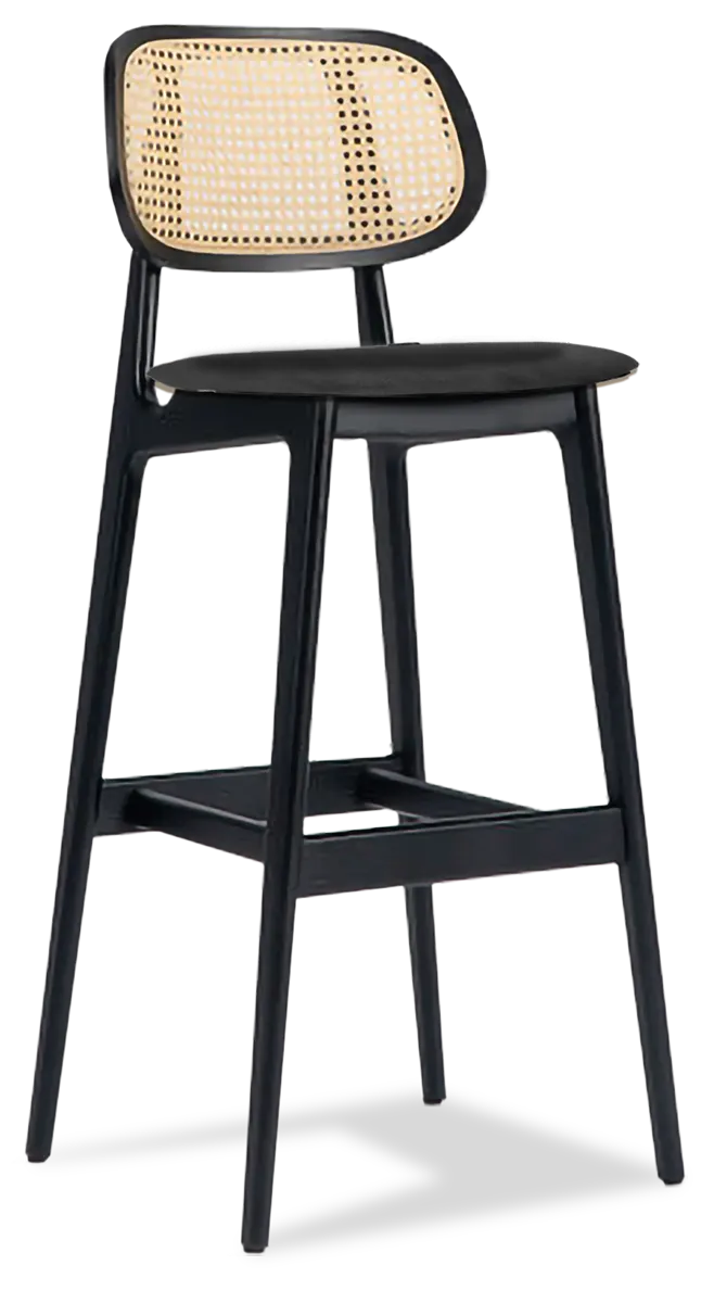 JustChair W36730-COM Bar Stool – Armless, Wood Back, Mesh Perforated, Upholstered Seat, Wood Frame, Cane Back