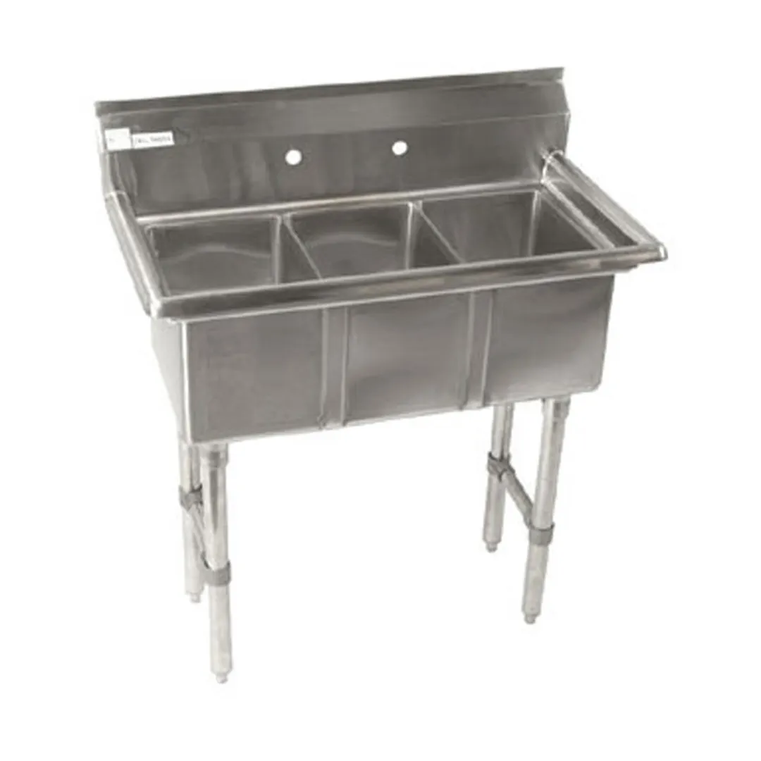 Klinger's Trading CON3 35" Three Compartment Sink, 10"W x 14"L Bowl Without Drainboard