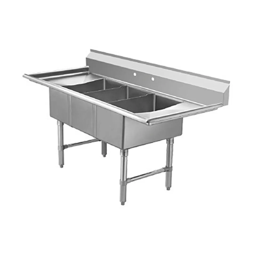 Klinger's Trading ECS3SM2D 60" Three Compartment Sink, 12"W x 20"L Bowl With 2 Drainboards