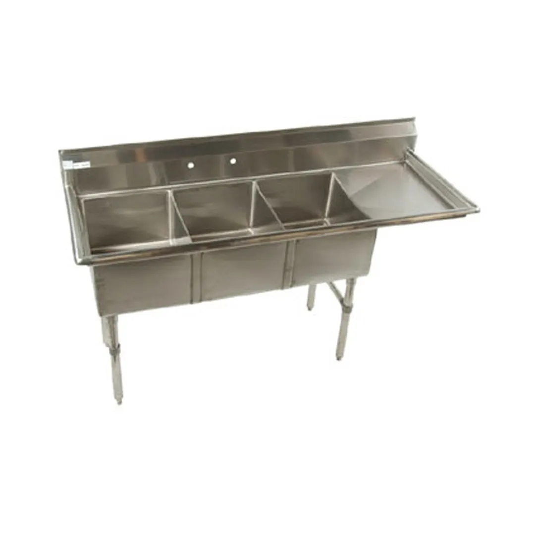 Klinger's Trading MCS3DR 62" Three Compartment Sink, 15"W x 15"L Bowl With Right-Hand Drainboard