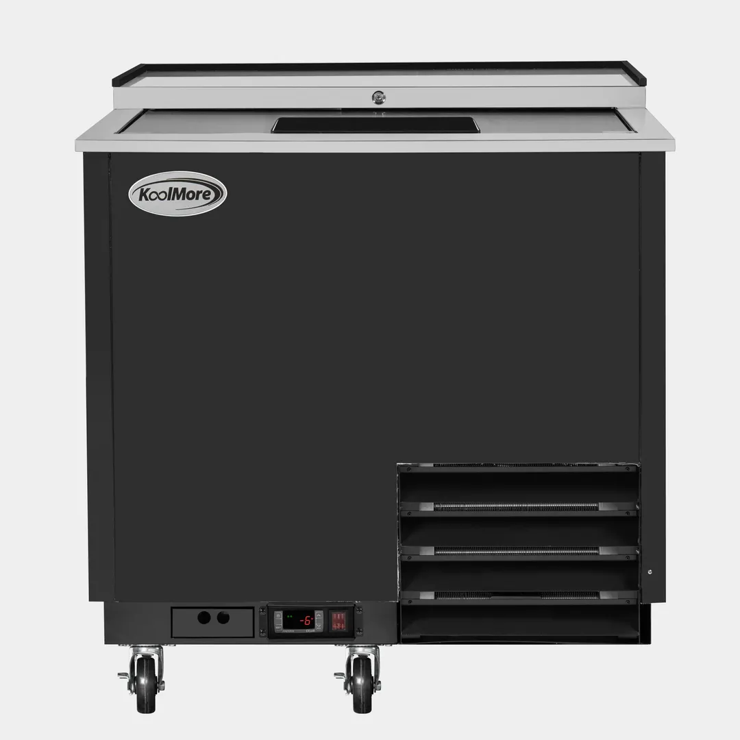 Koolmore KM-GF36-BK Glass Froster, 36" W X 27" D X 34" H, 9 Cu Ft, Door, 5 Shelves & Casters, 0‑7°F