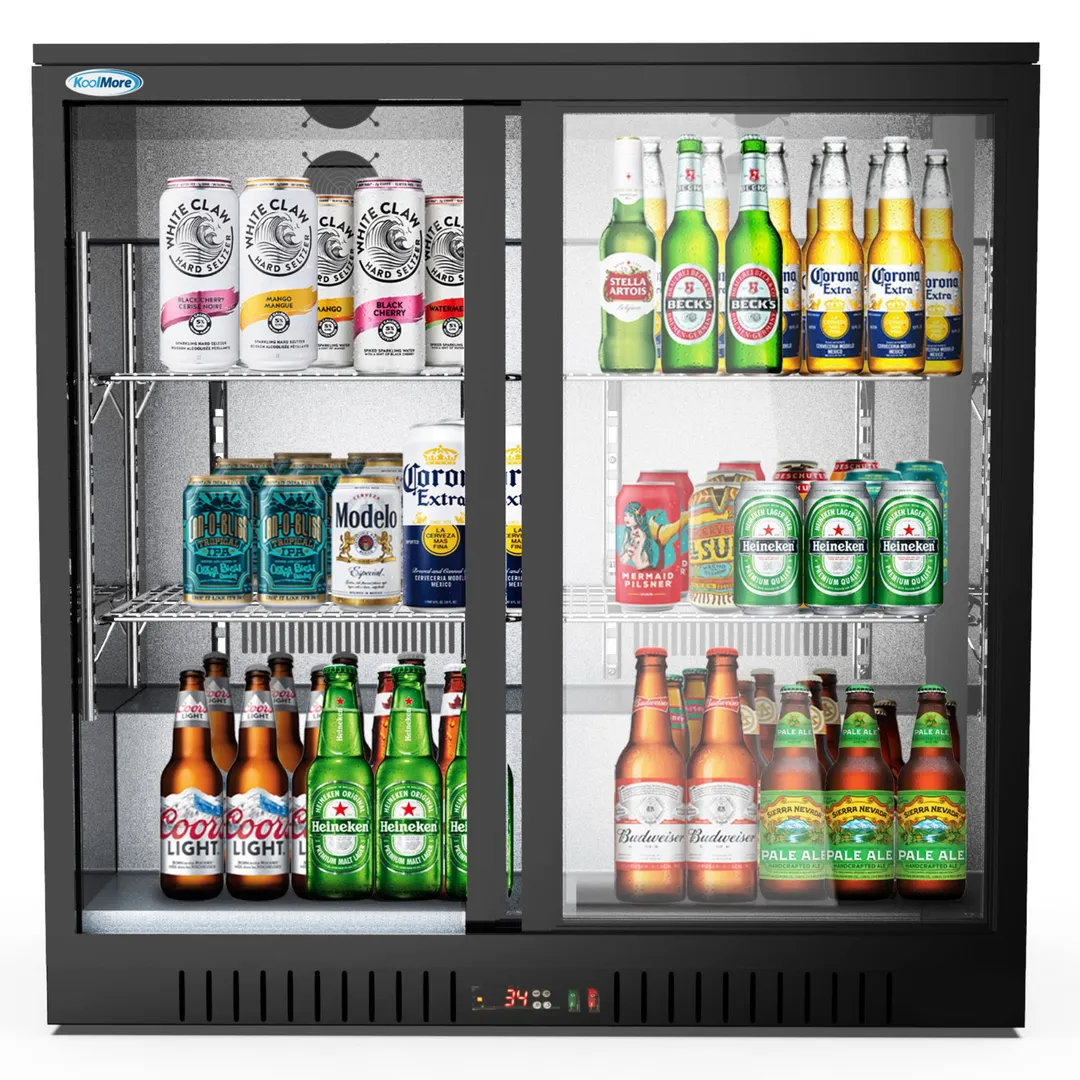 Koolmore BC-2DSL-BK Cooler, 35" W x 20.5" D x 35" H, 7.4 cu ft, Black, Sliding Doors, Temp Display