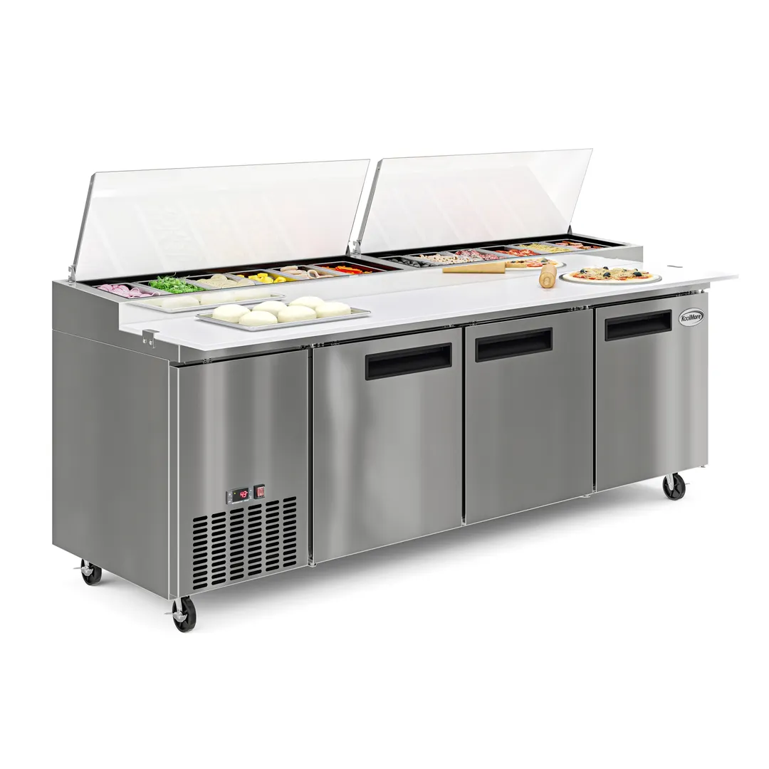 Koolmore KM-RPPS-3DSS 91" 3 Doors Refrigerated Pizza Prep Table w/ Built-in Cutting Board