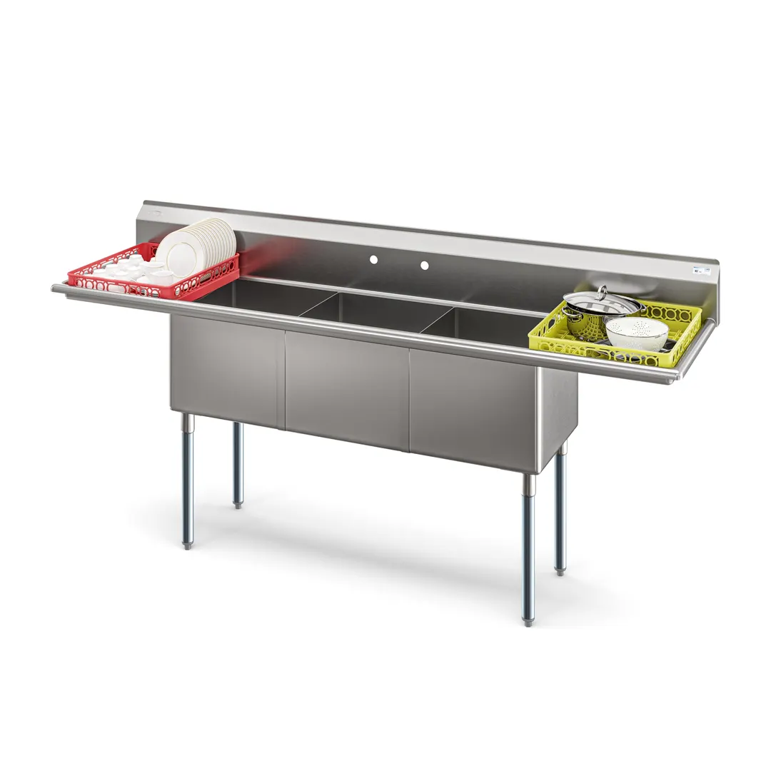 Koolmore KM-SC181814-18B3 90" Three Compartment Sink, 18"Wx18"L Bowl With 2 Drainboards