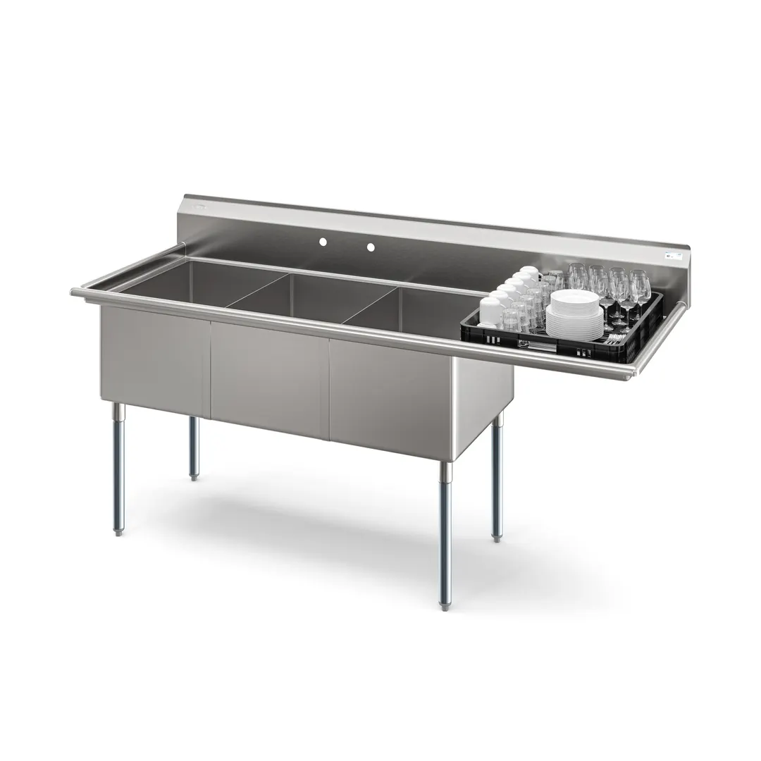 Koolmore KM-SC182414-24R3 81" Three Compartment Sink, 18"W x 24"L Bowl With Right-Hand Drainboard