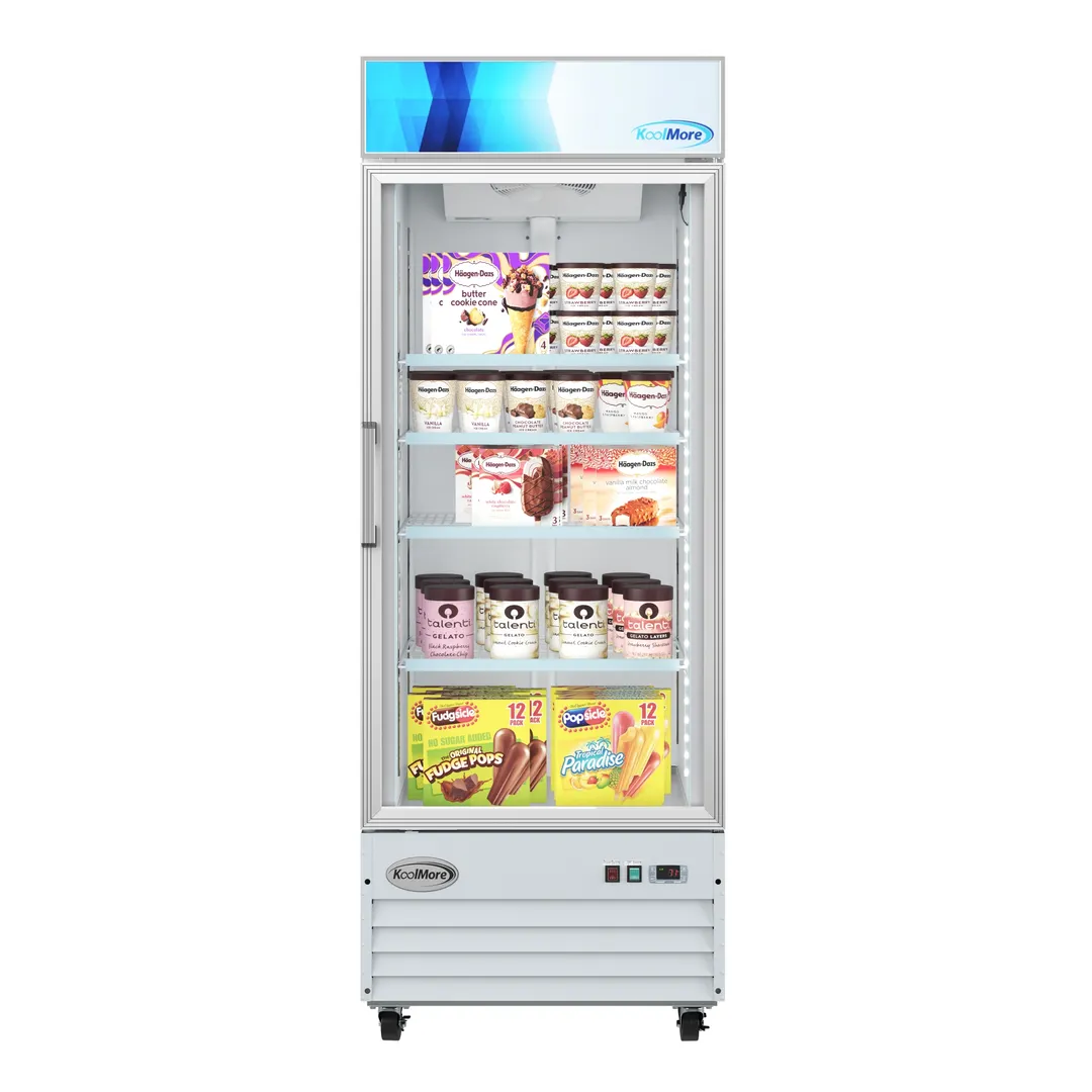 Koolmore MDF-1GD-23C-WH - 31" Glass Door Freezer, 23 cu ft, White, Bottom‑Mount R290, Light, Temp, 4 Shelves