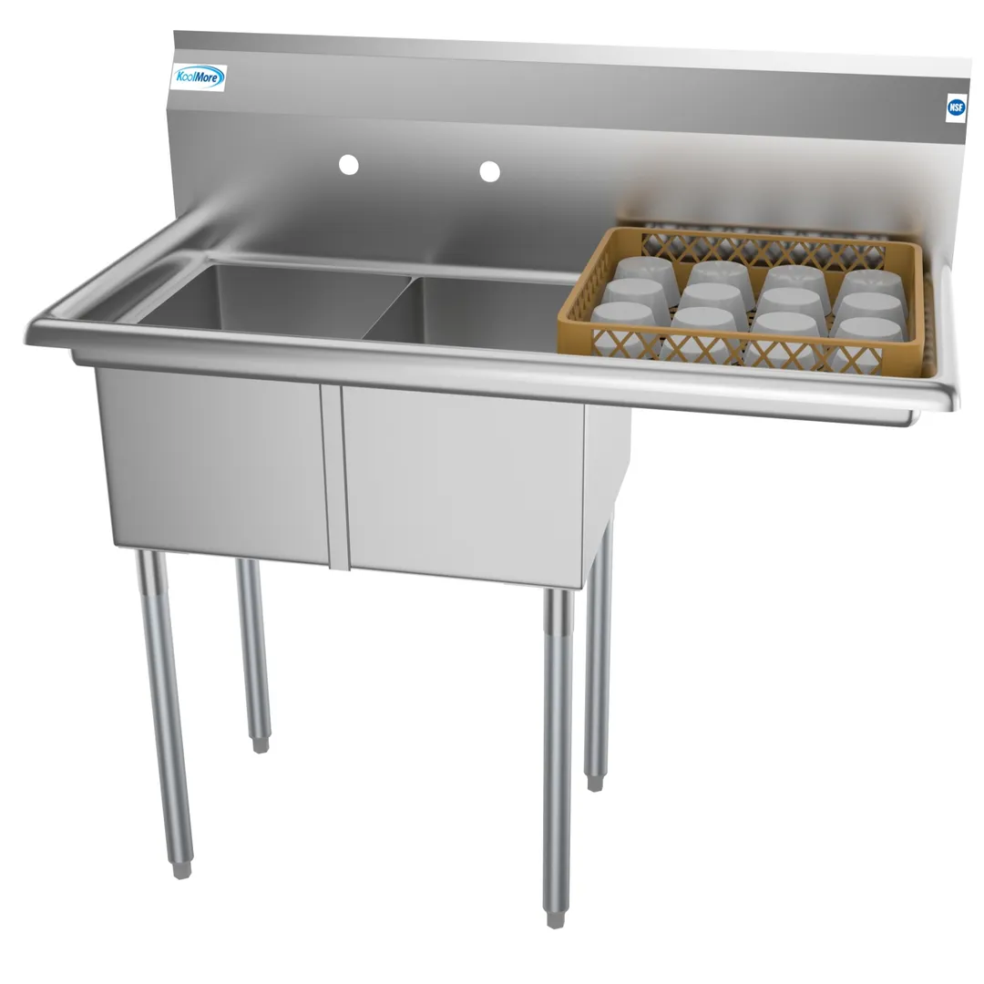 Koolmore SB121610-16R3 43" Two Compartment Sink, 12"W x 16"L Bowl With Right-Hand Drainboard
