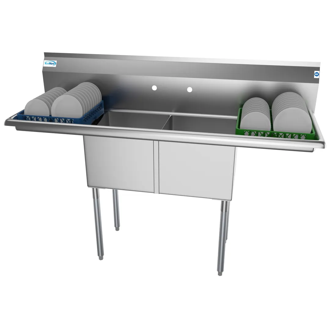 Koolmore SB151512-15B3 60" Two Compartment Sink, 15"W x 15"L Bowl With 2 Drainboards