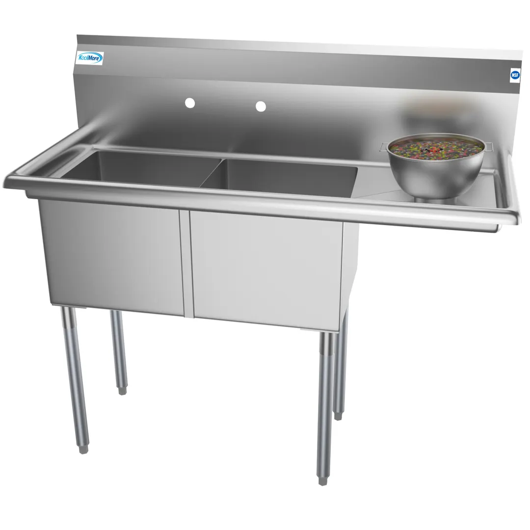 Koolmore SB151512-15R3 48" Two Compartment Sink, 15"W x 15"L Bowl With Right-Hand Drainboard
