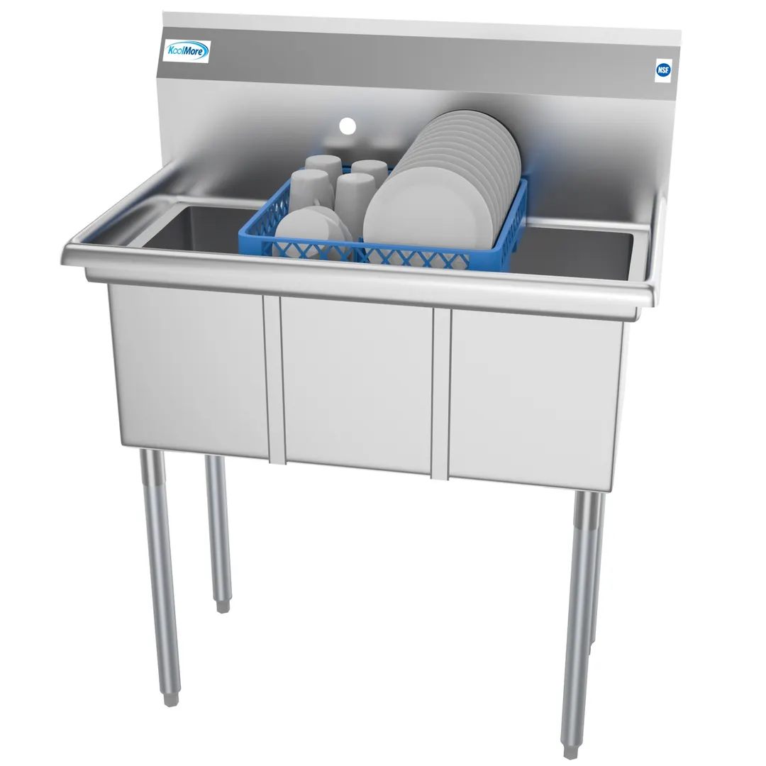Koolmore SC101410-N3 45" Three Compartment Sink, 10"W x 14"L Bowl Without Drainboard