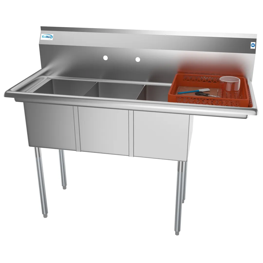 Koolmore SC121610-12R3 51" Three Compartment Sink, 12"W x 16"L Bowl With Right-Hand Drainboard