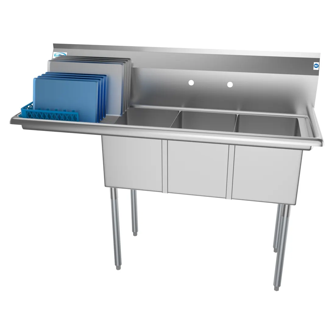 Koolmore SC121610-16L3 55" Three Compartment Sink, 12"W x 16"L Bowl With Left-Hand Drainboard