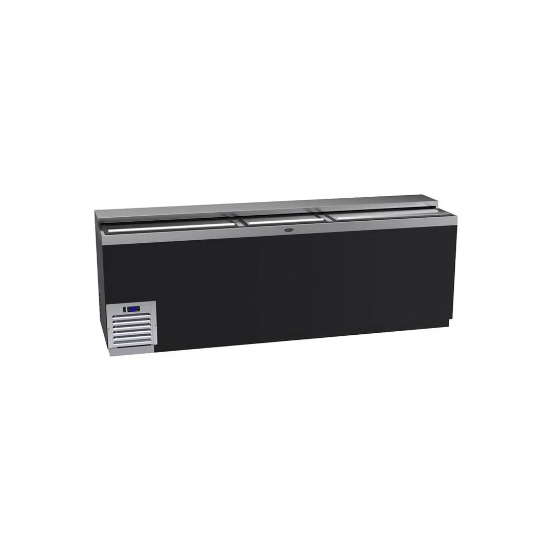 Krowne BC96-BG 96" Flat Top Bottle Cooler w/ 3 Sliding Lids, 5 Divider Racks, Black