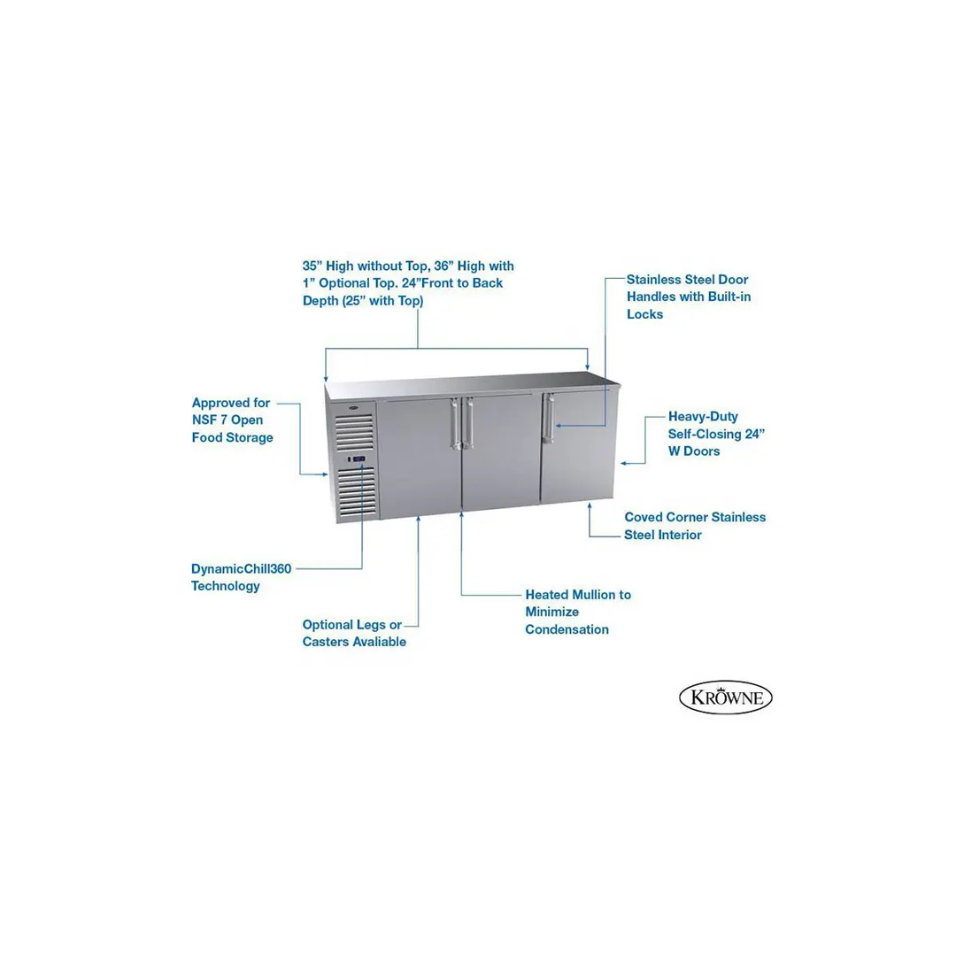 Krowne BS84 84" 3 Section Back Bar Cooler with Solid Door