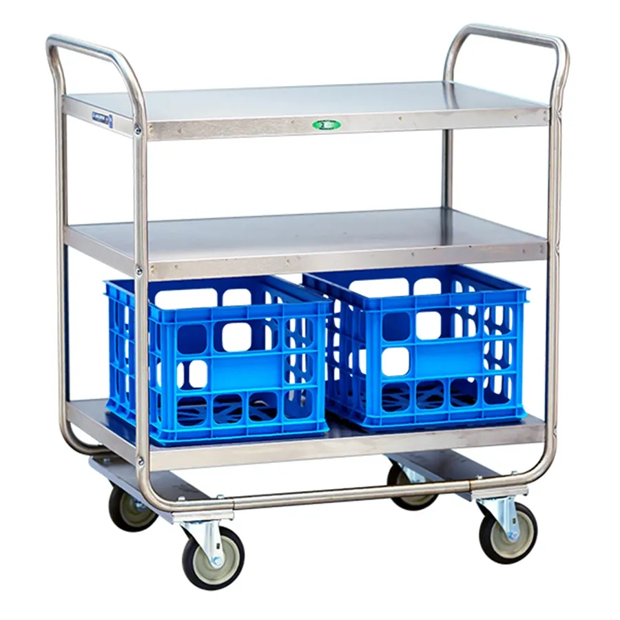 Lakeside 2444 Stainless Steel 3-Shelf Milk Crate Transport Cart - 35-3/4" x 22" x 40-1/2"