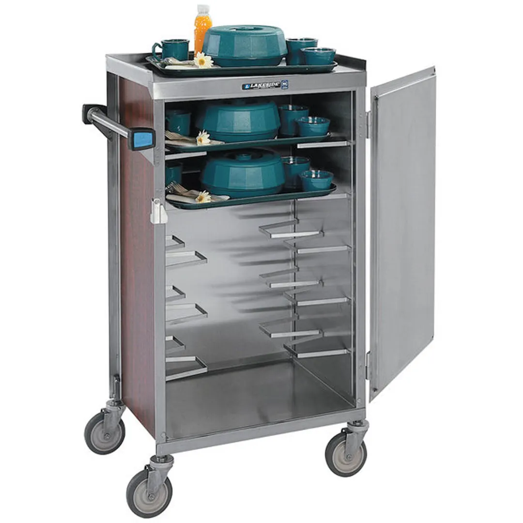Lakeside 654 Stainless Steel 6 Tray Compact 1 Door Meal Delivery Cart w/ Vinyl Laminate Panels