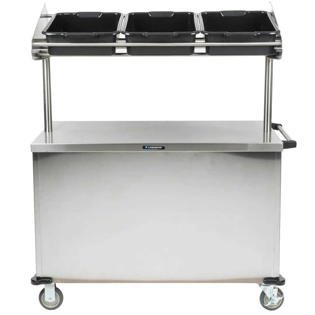 Lakeside 663 Solid Stainless Steel Breakfast / Snack Cart w/ Overhead Shelf with (3) Plastic Bins 