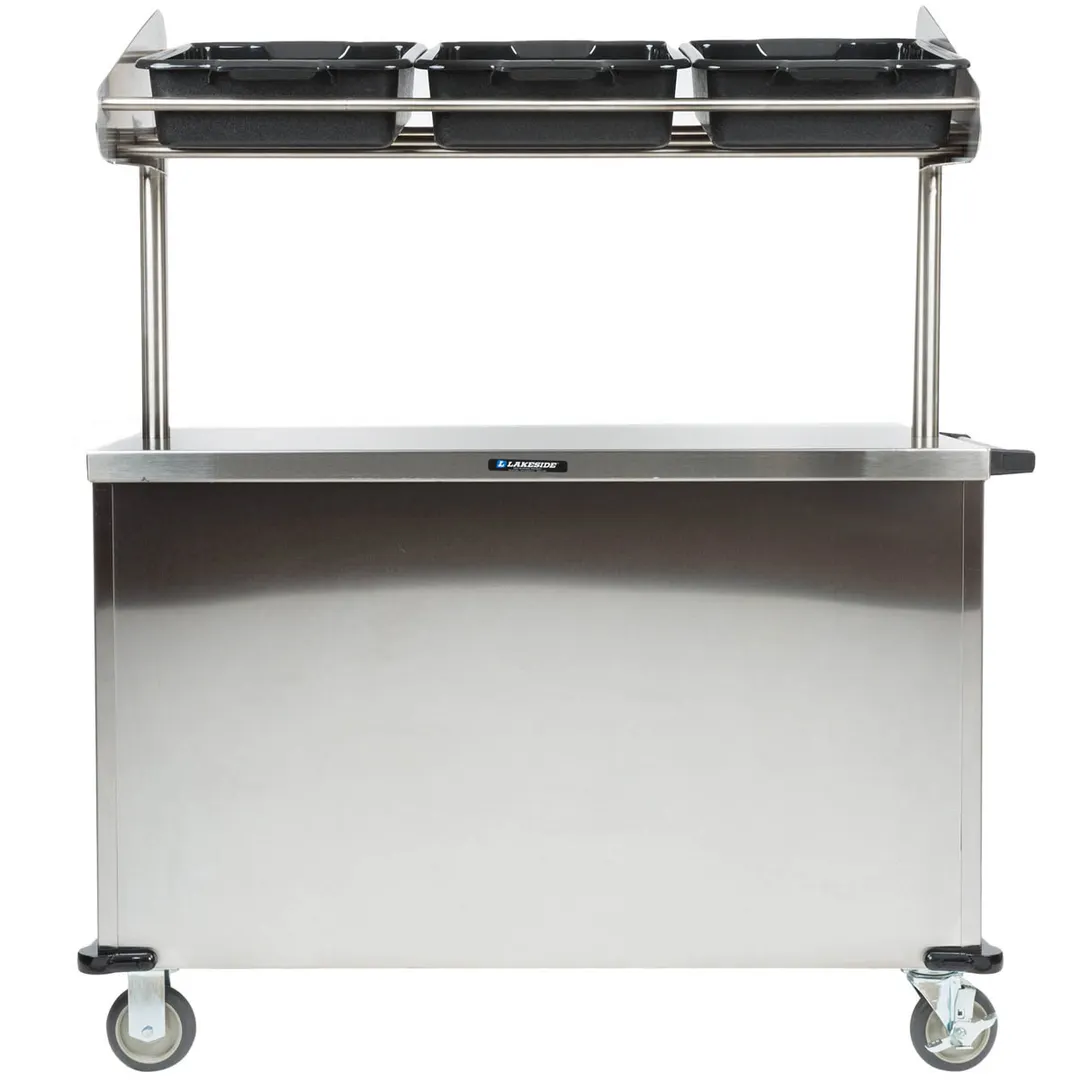 Lakeside 663 Solid Stainless Steel Breakfast / Snack Cart w/ Overhead Shelf with (3) Plastic Bins 