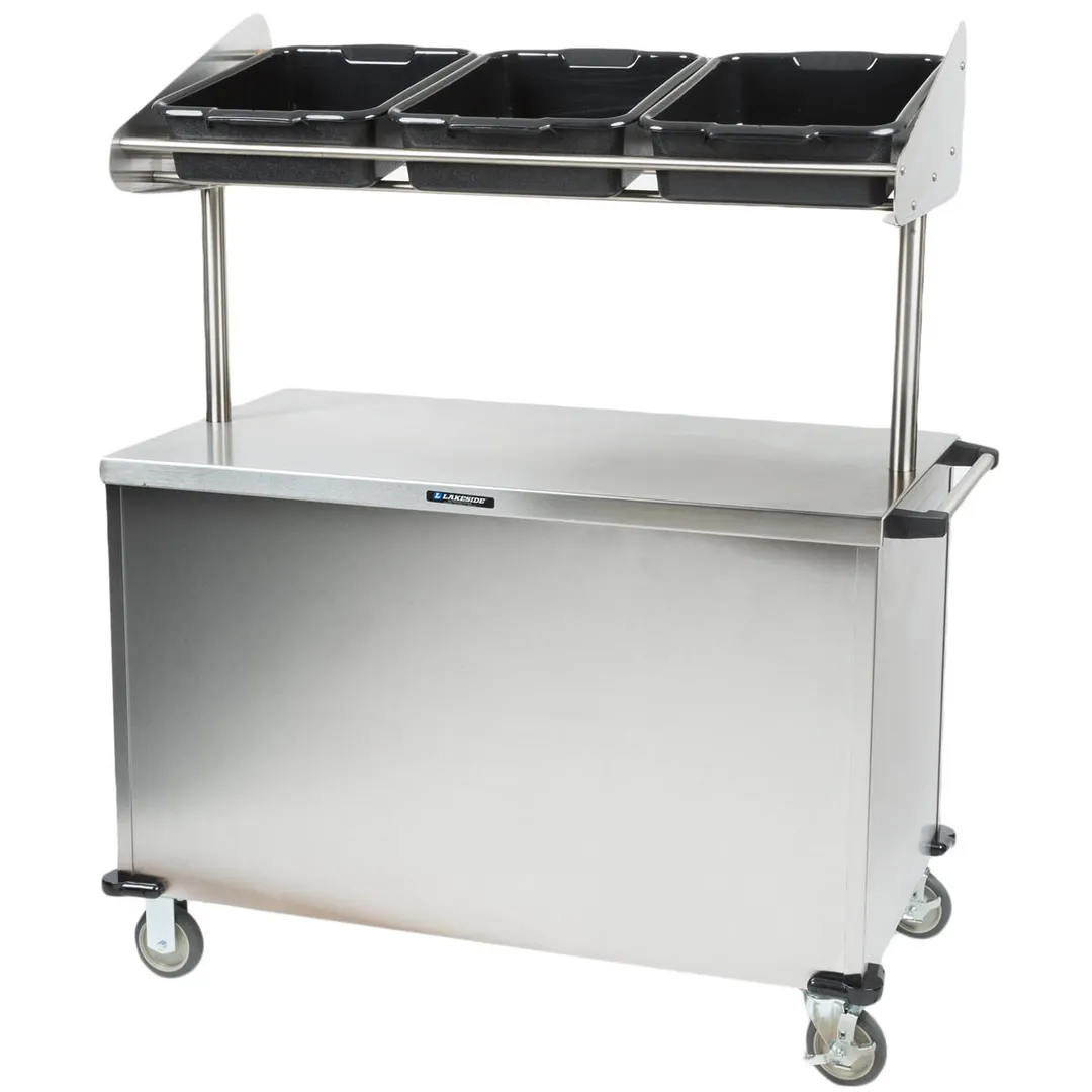 Lakeside 663 Solid Stainless Steel Breakfast / Snack Cart w/ Overhead Shelf with (3) Plastic Bins 