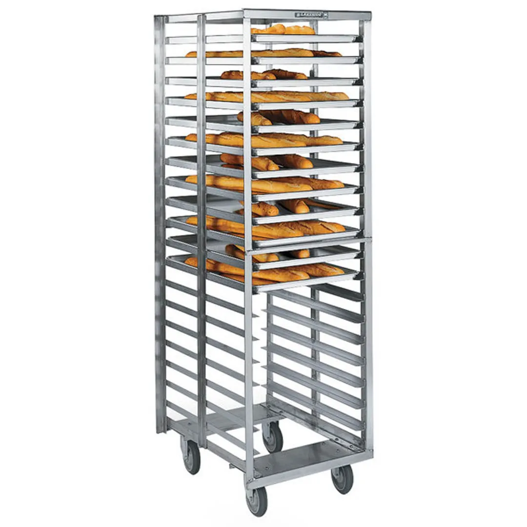 Lakeside 8900 20 Pan End Load Stainless Steel Bun / Sheet Pan Rack w/ Angle Ledges, 1-1/4" Bottom Load Slides