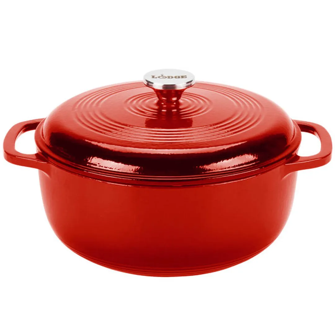 Lodge EC6D43 6-Qt Red Cast Iron Dutch Oven, 11-3/5" Dia, 6" H, Induction Ready, Dishwasher Safe