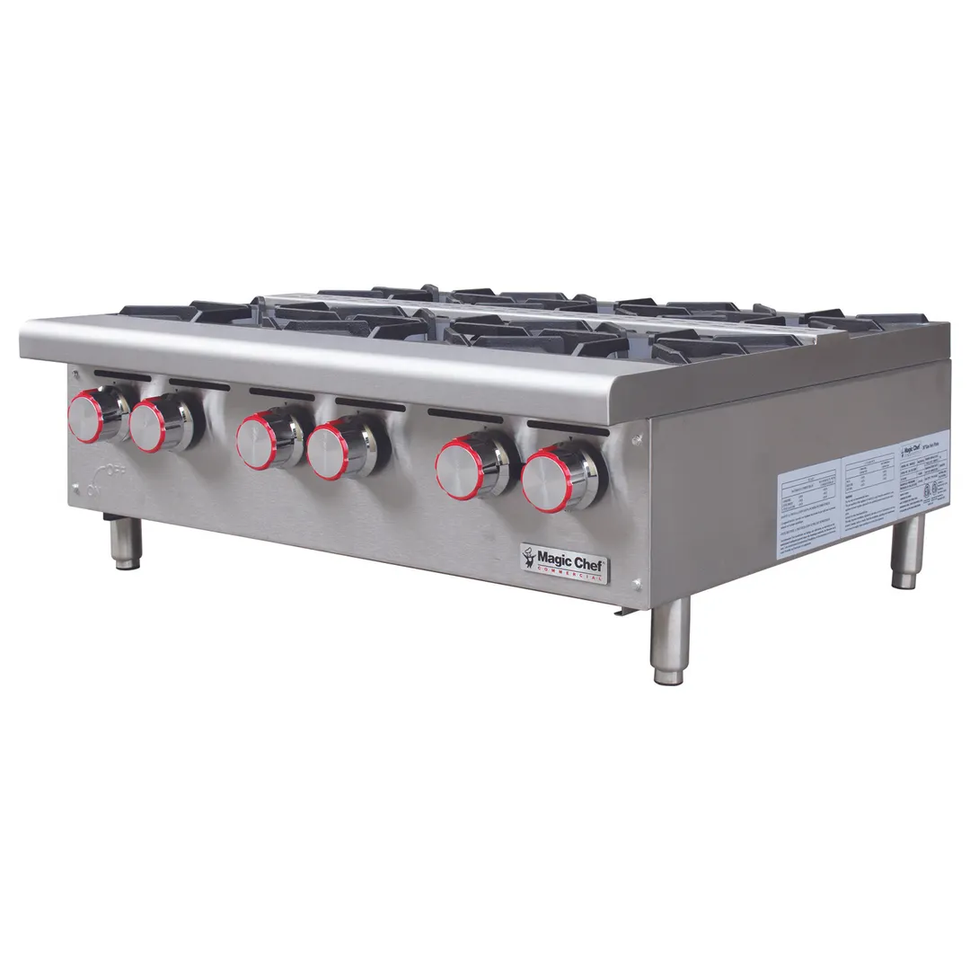 Magic Chef MCCHP36A 36" Countertop Gas Hotplate with (6) Burners, Center Shelf, 180.000 BTU