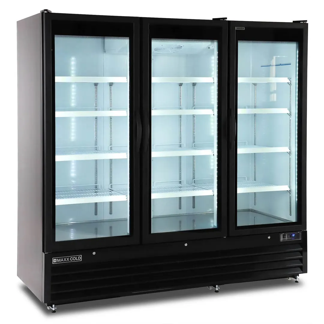 Maxx Cold MXGDM-73FBHC 73 cu ft Glass Door Merchandiser, Black, 3‑Section, 1‑1/4 HP Compressor
