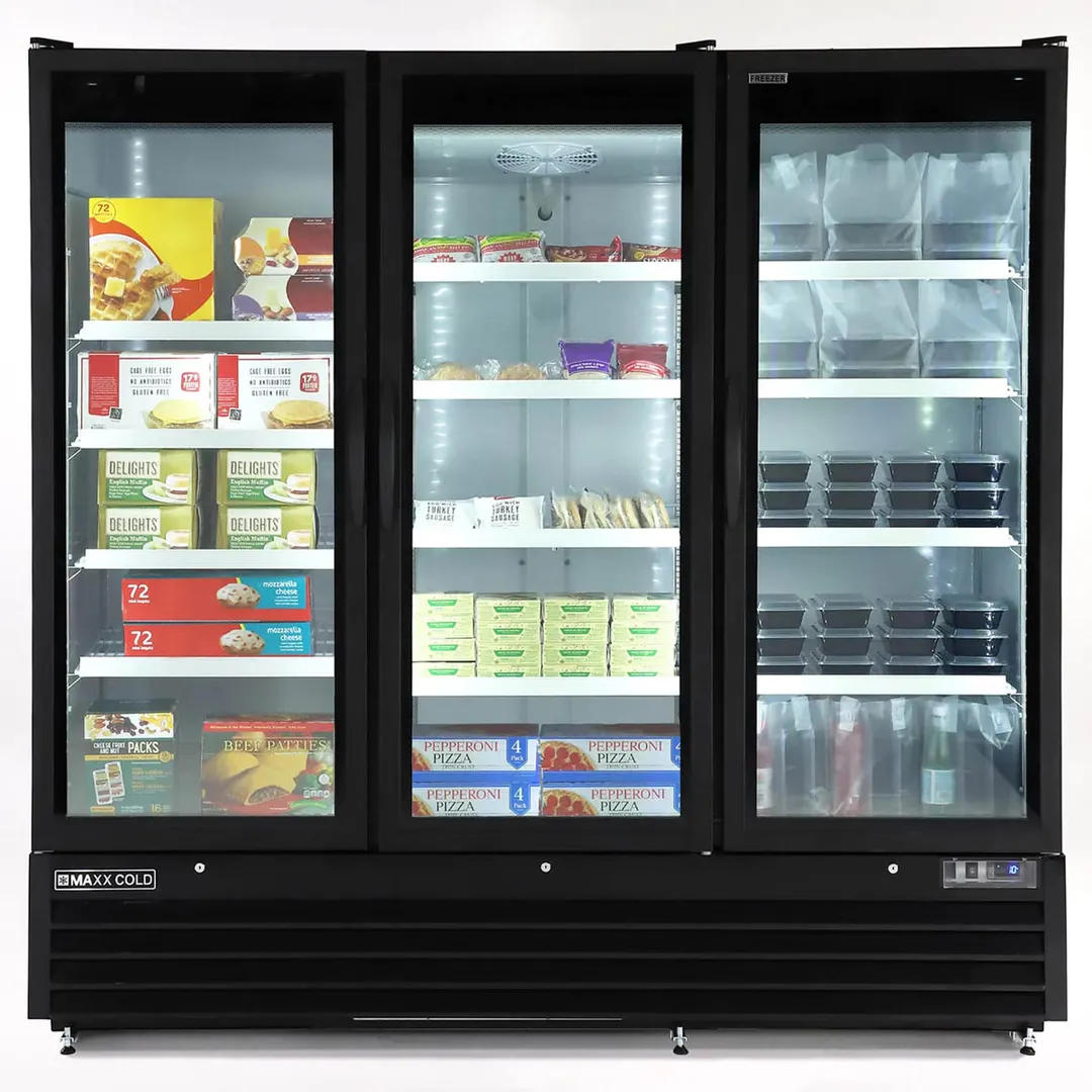 Maxx Cold MXGDM-73FBHC 73 cu ft Glass Door Merchandiser, Black, 3‑Section, 1‑1/4 HP Compressor