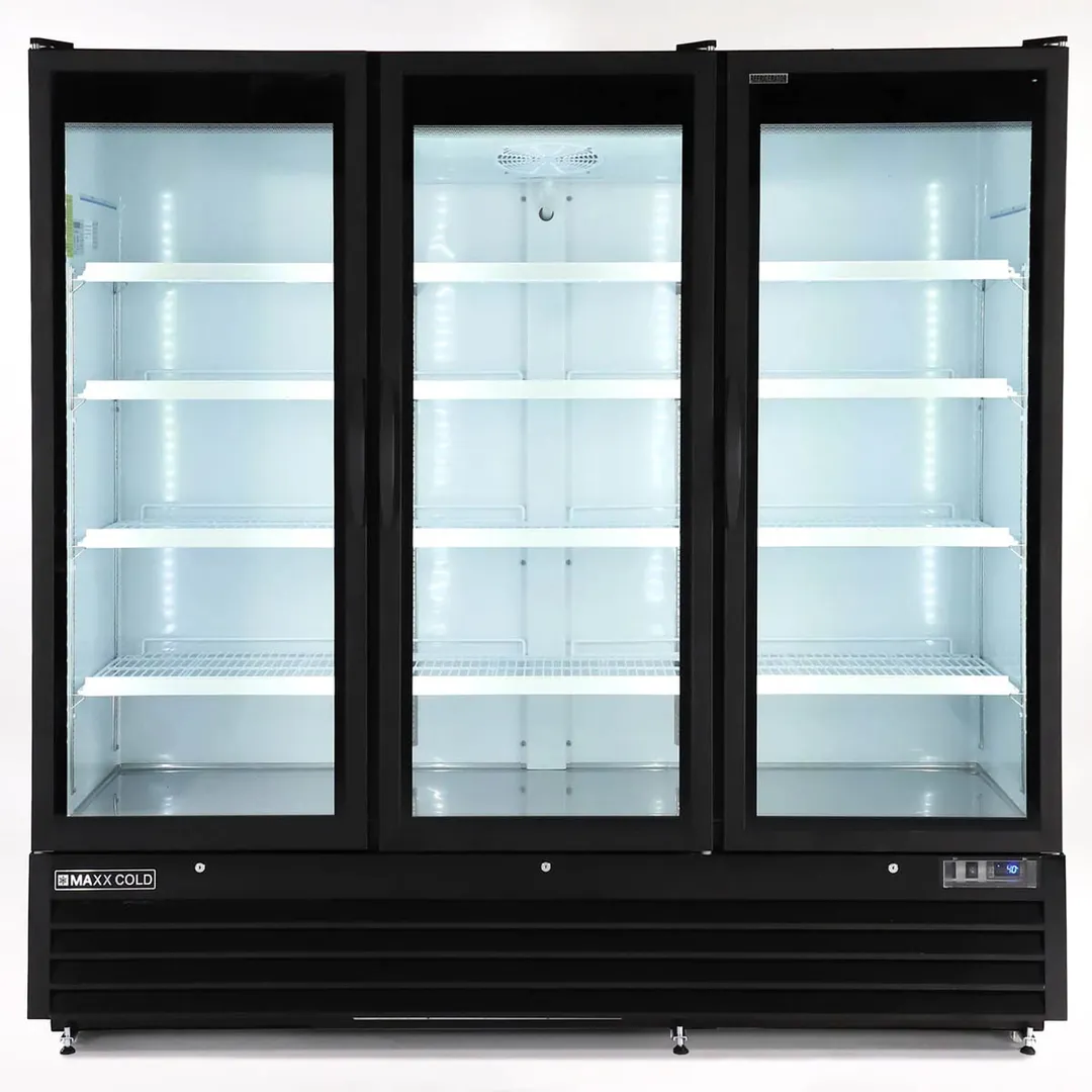 Maxx Cold MXGDM-73RBHC 81" Triple Door Glass Merchandiser, 73 cu ft, 2/3 HP Compressor, Lockable Doors