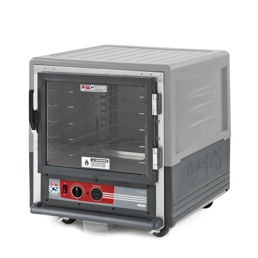 Metro C533-HLFC-U-GY Heated Holding Cabinet, Mobile 31-36"H, Alum, Clear Door, 5/10 Pan Capacity 18x26/12x20, 1400W/120V