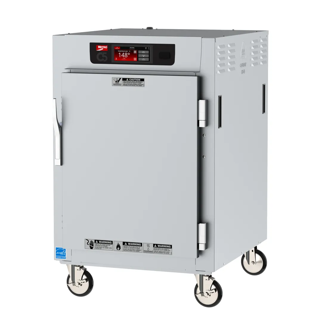 Metro C585-SFS-L "Half Height" 1-Door Solid Heated Holding Cabinet, 304 Stainless Steel, 2000W, 17 pans
