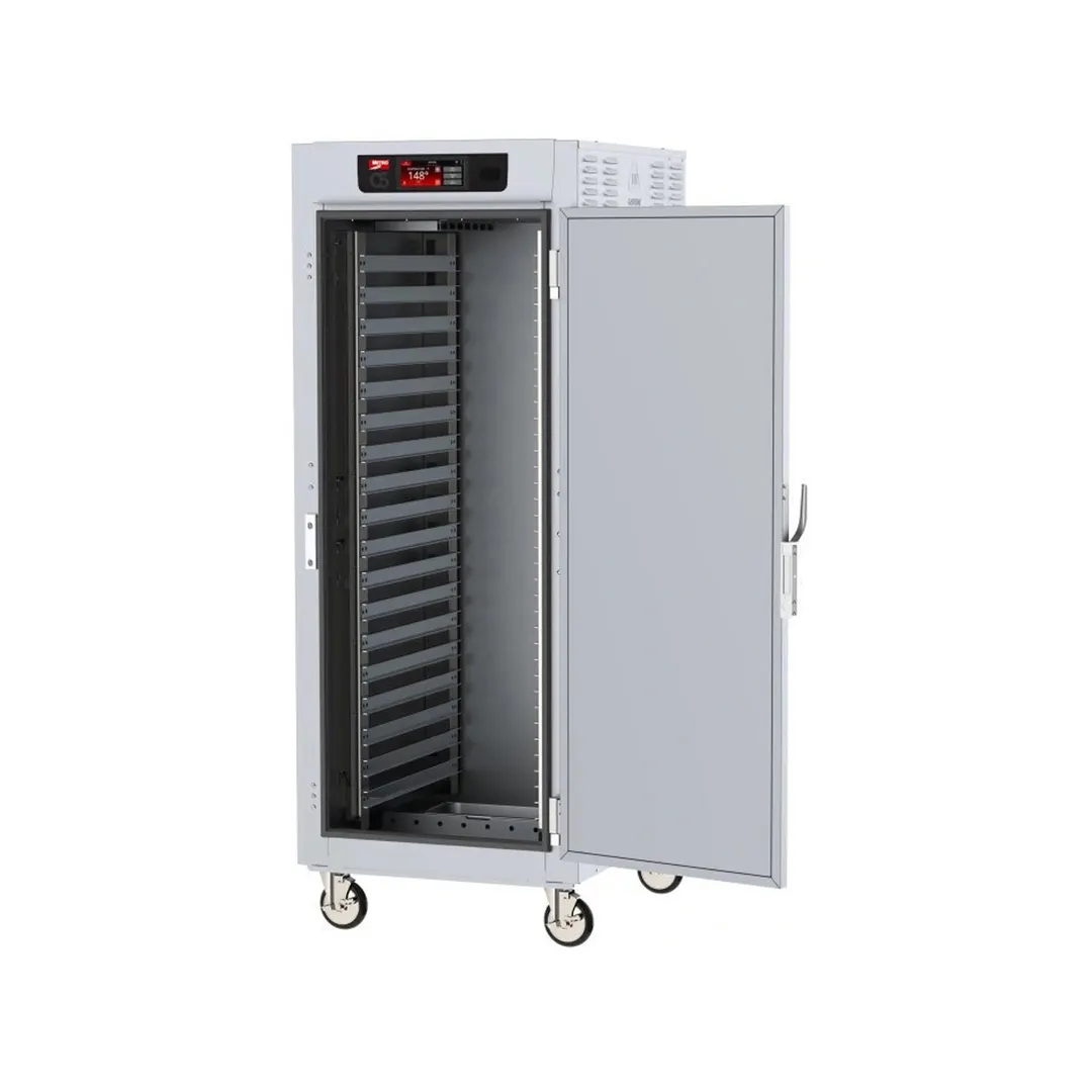 Metro C589-SFS-UPFC Full Height 2-Door Solid & Glass Heated Holding Cabinet, 2000W, 18-Pan Capacity, Stainless Steel